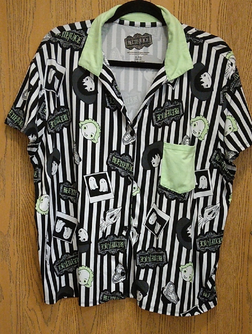 Beetlejuice Black and White Striped Short Sleeve Shirt With Lime Green Accents